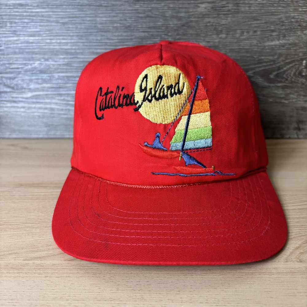 Vintage Catalina Island Hat Cap Snap Back Red Embroidered Sailboat Mens 80s